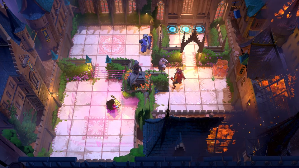 Order of the Sinking Star promotional scene showing pink-lit tiled courtyard, several characters and turquoise gateways, illustrating characters and abilities.