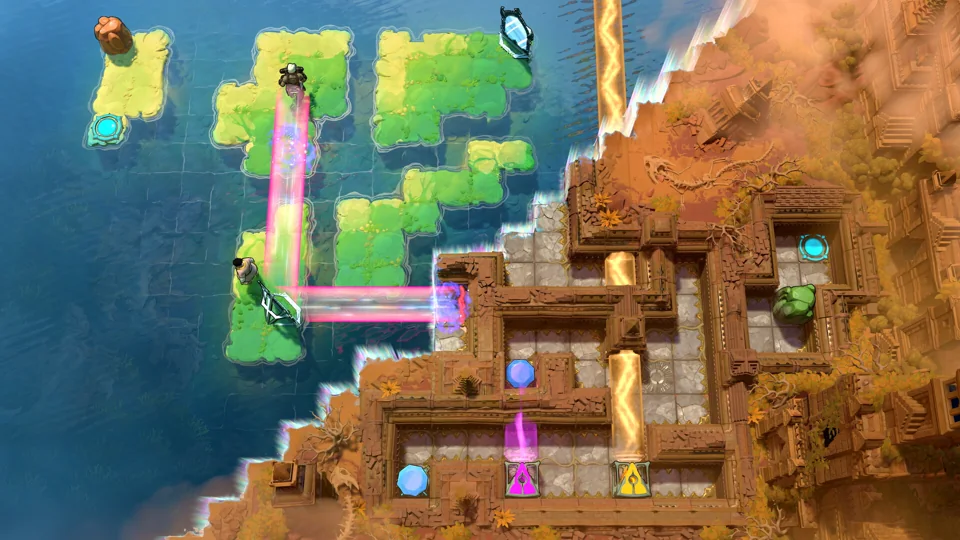Order of the Sinking Star promotional scene showing islands and castle rooms connected by colored light beams, illustrating interconnected worlds.