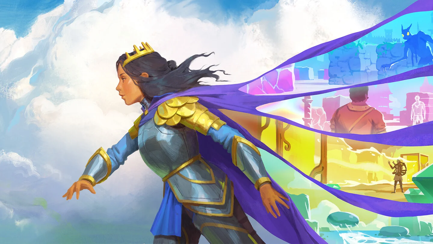 A crowned queen and a violet cloak connecting colorful worlds in official Order of the Sinking Star artwork.