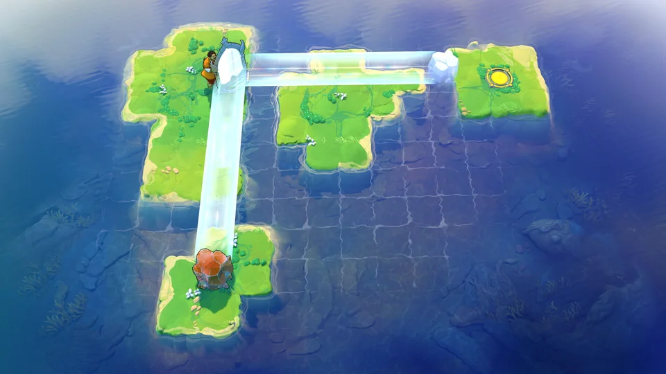 Green islands above blue water with crossing beams of light in an official Order of the Sinking Star screenshot.