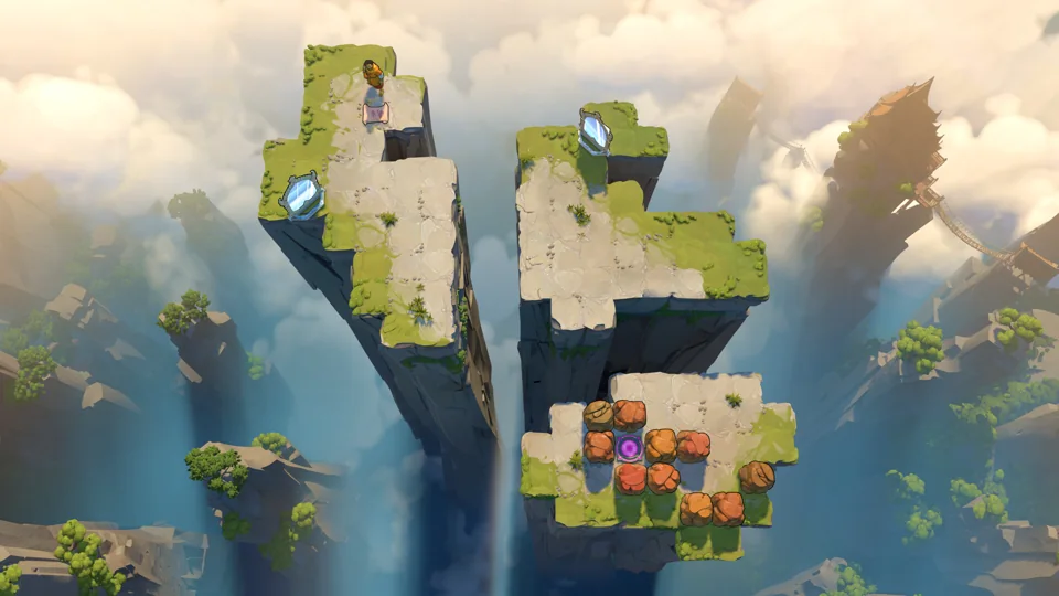 Order of the Sinking Star promotional scene showing grassy stone platforms and blocks above the clouds, illustrating exploration.